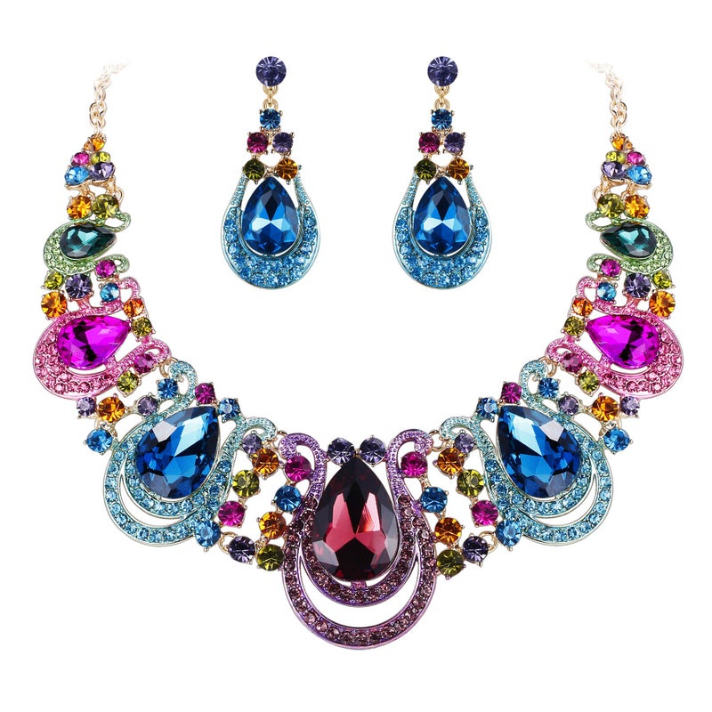 BriLove Costume Fashion Jewelry Set for Women Crystal Teardrop Hollow Scroll Statement Necklace Dangle Earrings Multicolor Colorful Gold-Toned - Image 1
